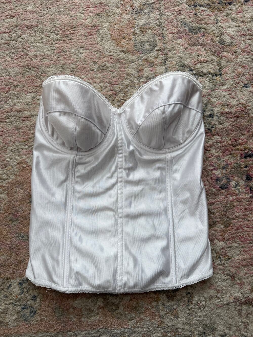 VTG Empires Intimates Sz 32DD Longline Corset Bra Strapless Bustier Satin White